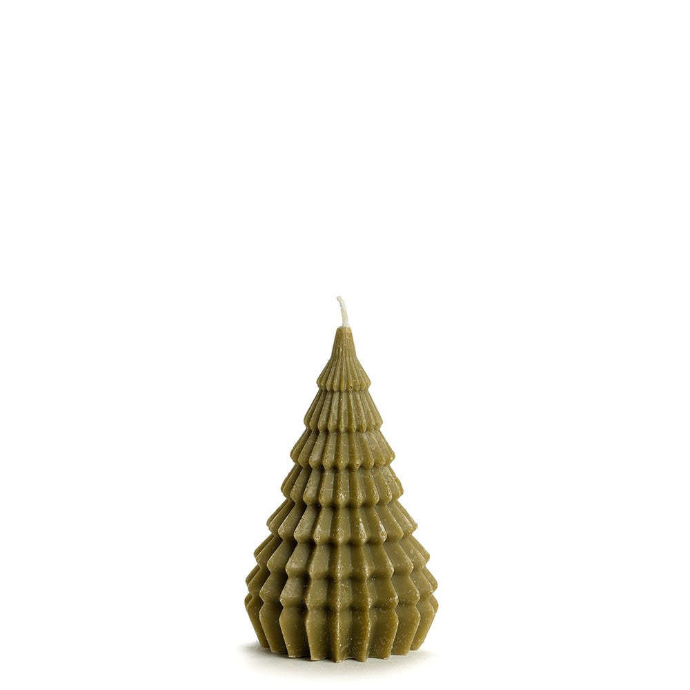 A textured, xmas tree-shaped candle in an olive green colour