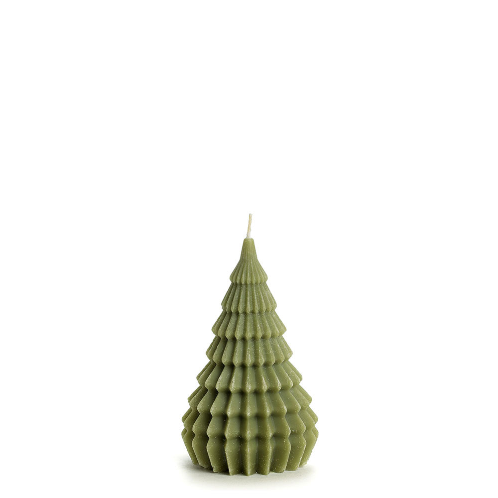An olive green Christmas tree-shaped candle with a textured, ribbed surface and a single wick