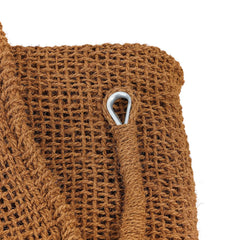 Close-up of a brown woven coconut sun shade with a metal ring