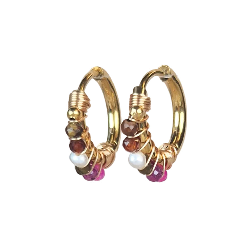 small gold hoop earrings with ruby gemstone beads
