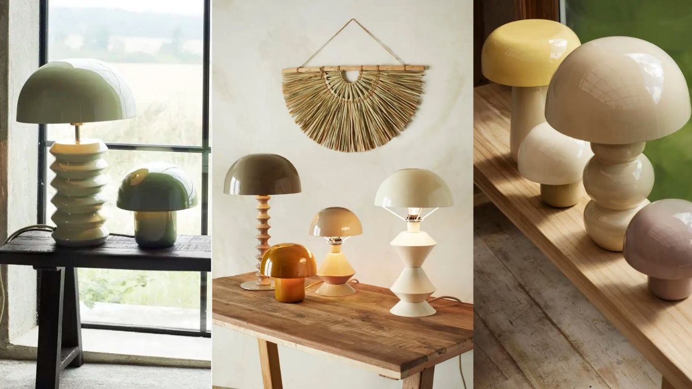 mushroom-shaped table lamps in various colours by Madam Stoltz