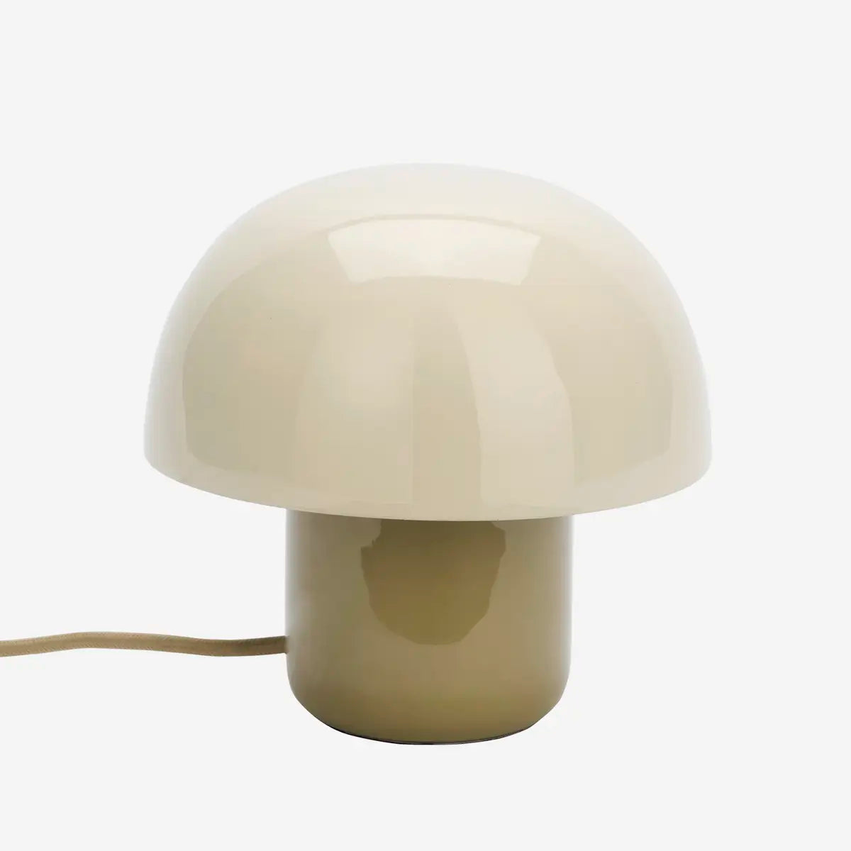 Mushroom-shaped table lamp with a beige base and white shade 