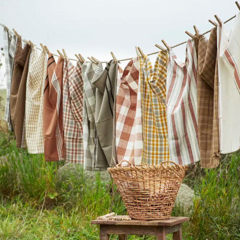kitchen towels hanging from a clothing line