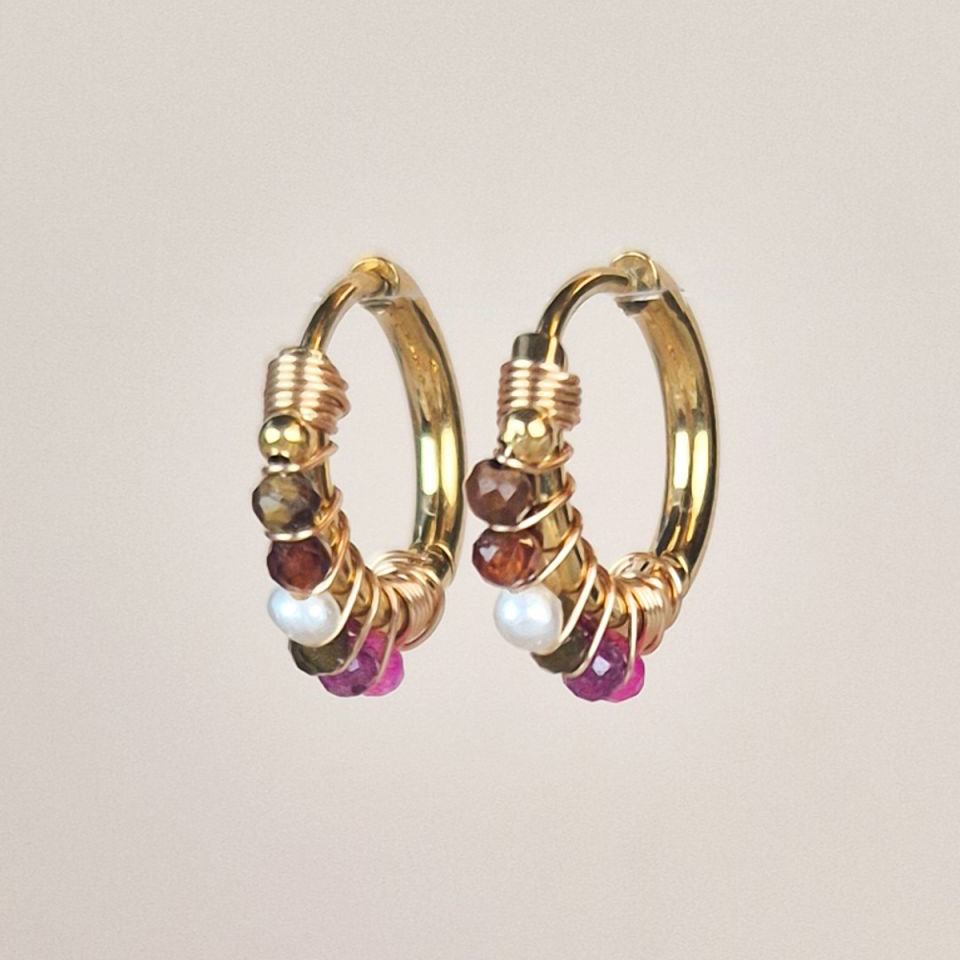 Gold hoop earrings with ruby gemstone beads