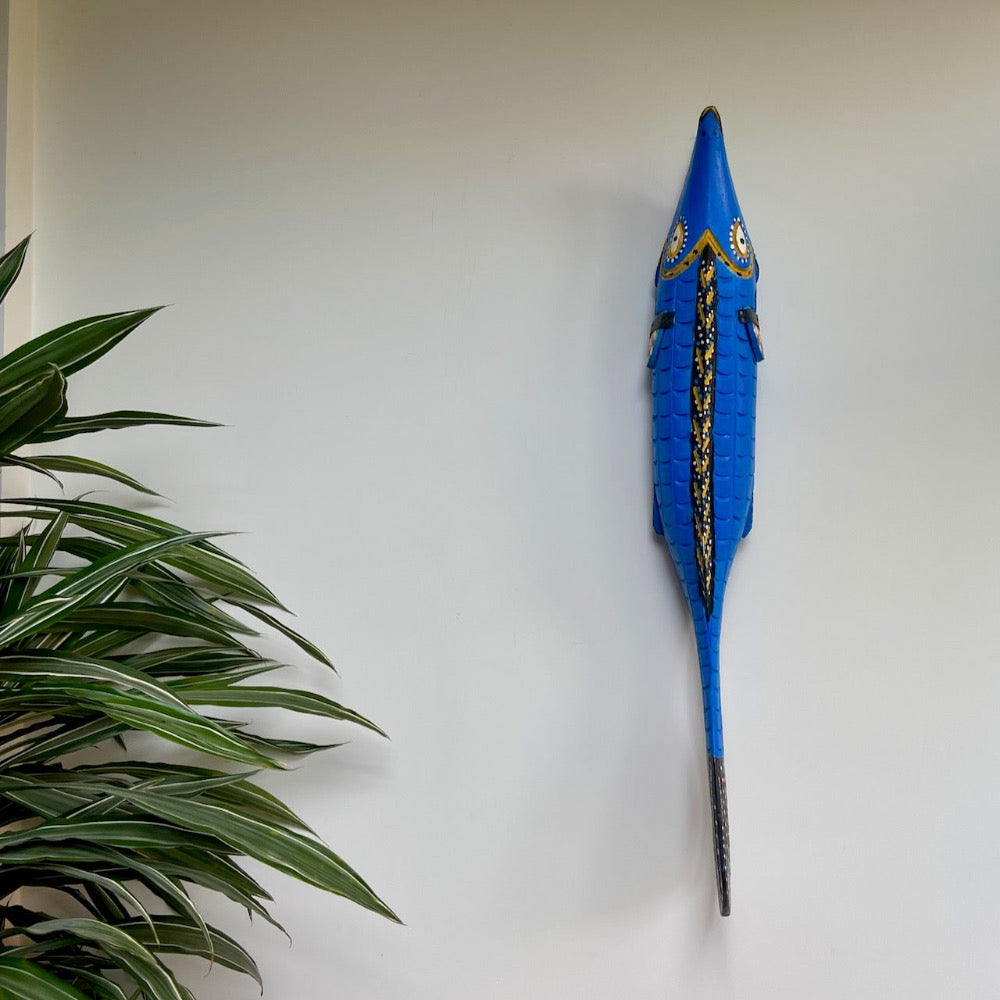 houten vis geverfd blauw wanddecoratie muur wand decoratie