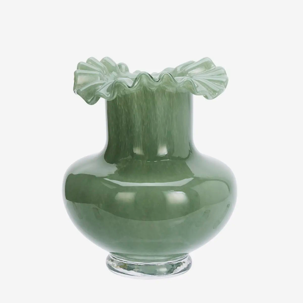 Madam Stoltz green glass vase ruffled rim