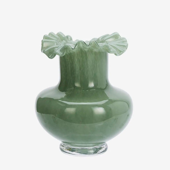 Madam Stoltz green glass vase ruffled rim
