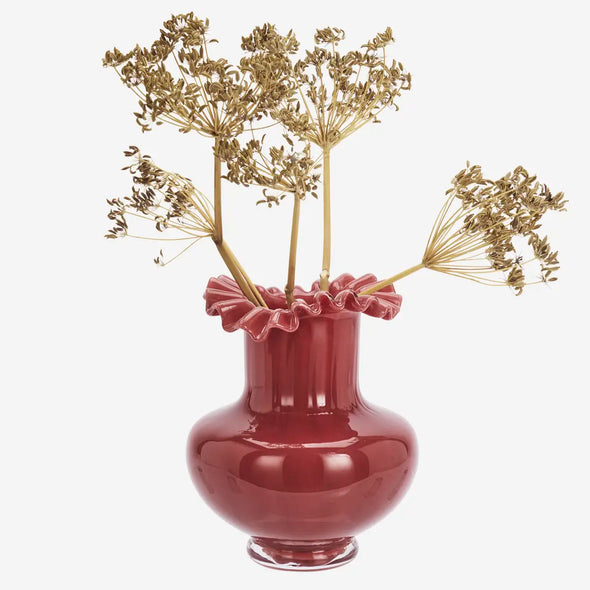 Madam Stoltz maroon glass vase ruffled rim