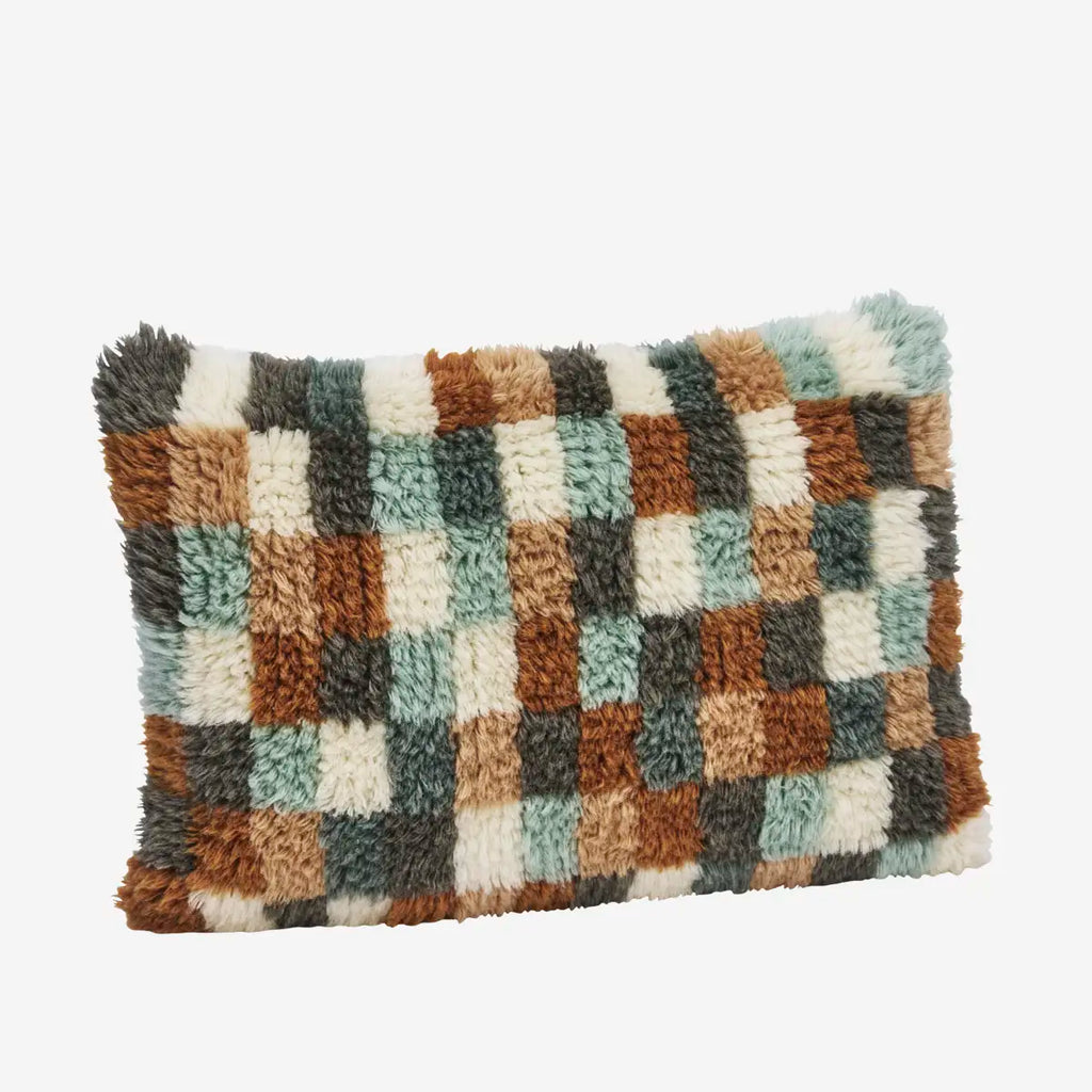 Checkered patterned wool cushion with multicolor squares