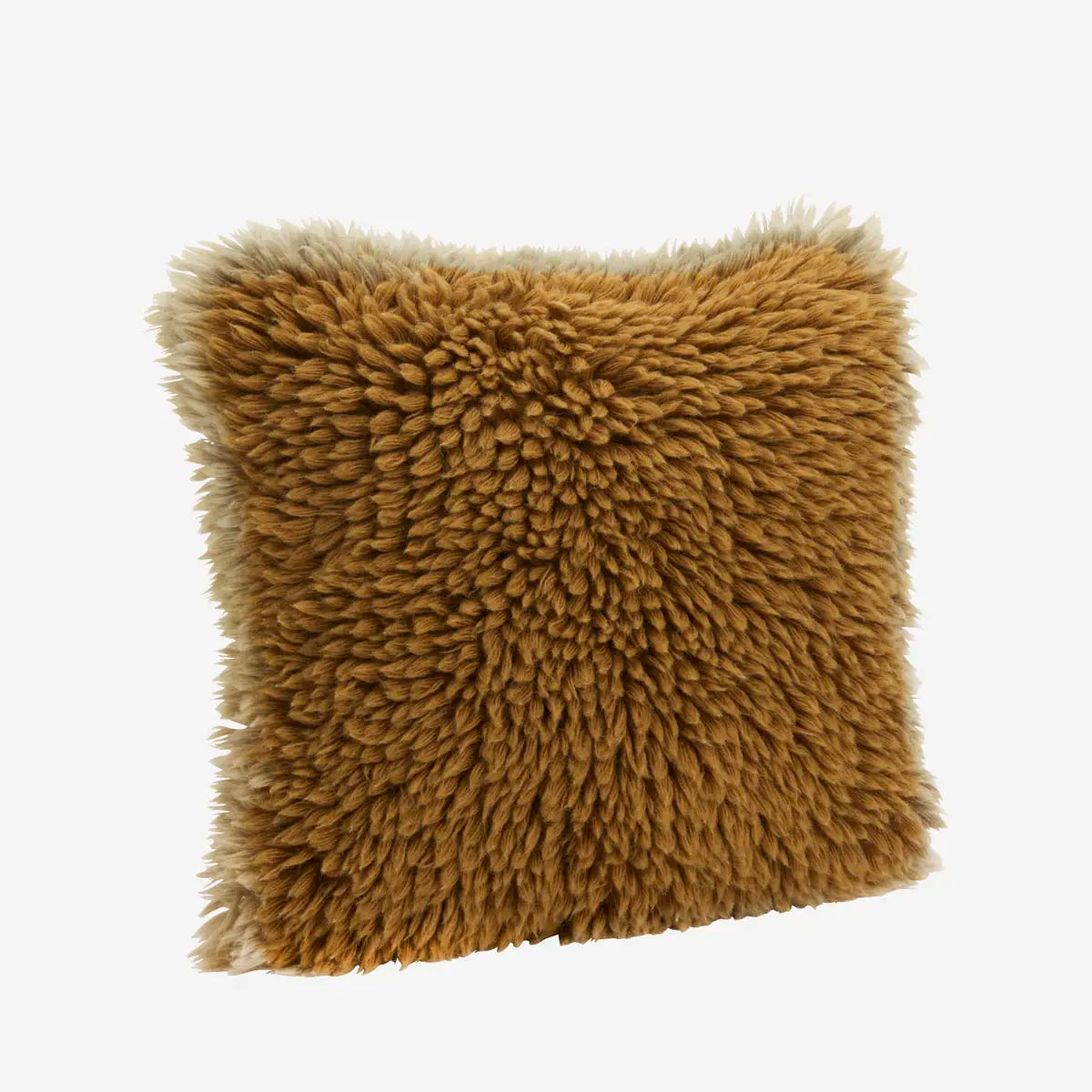 A square shaggy cushion in a warm camel brown colour