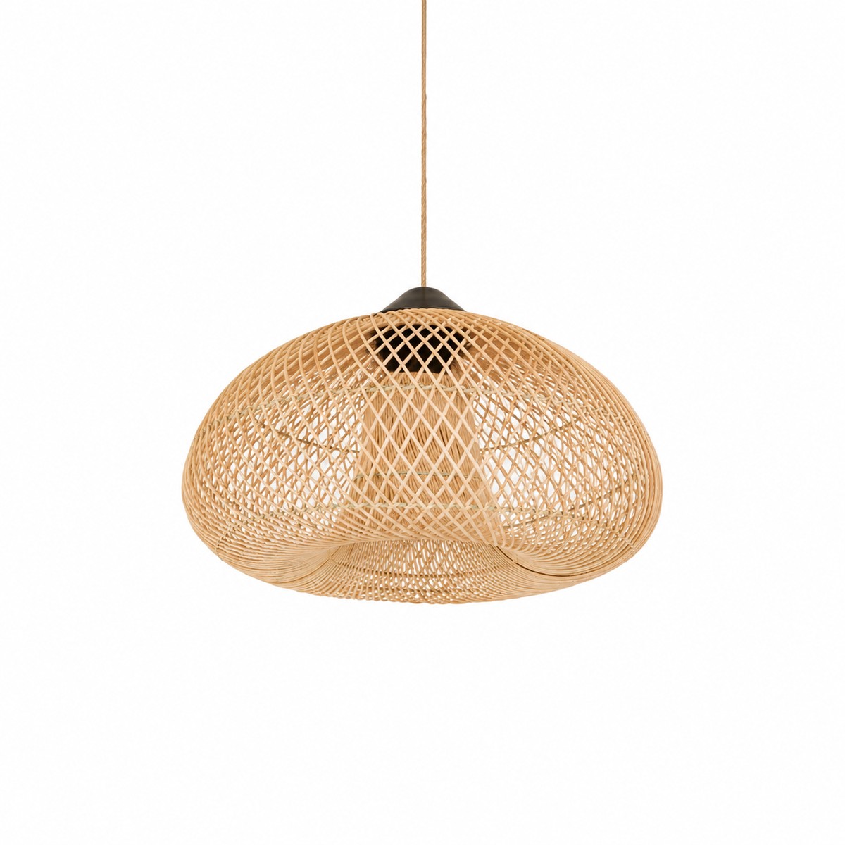 A natural woven rattan pendant light with a dome-shaped shade 