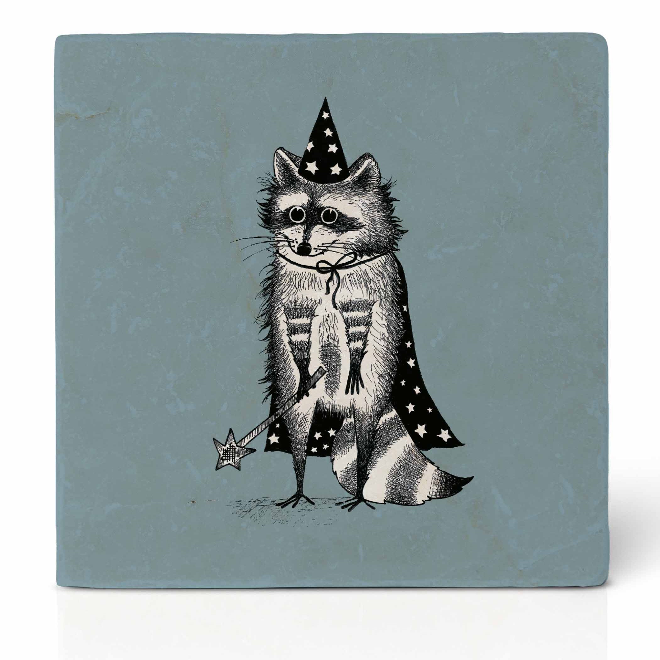 natural stone tile coaster raccoon wizard