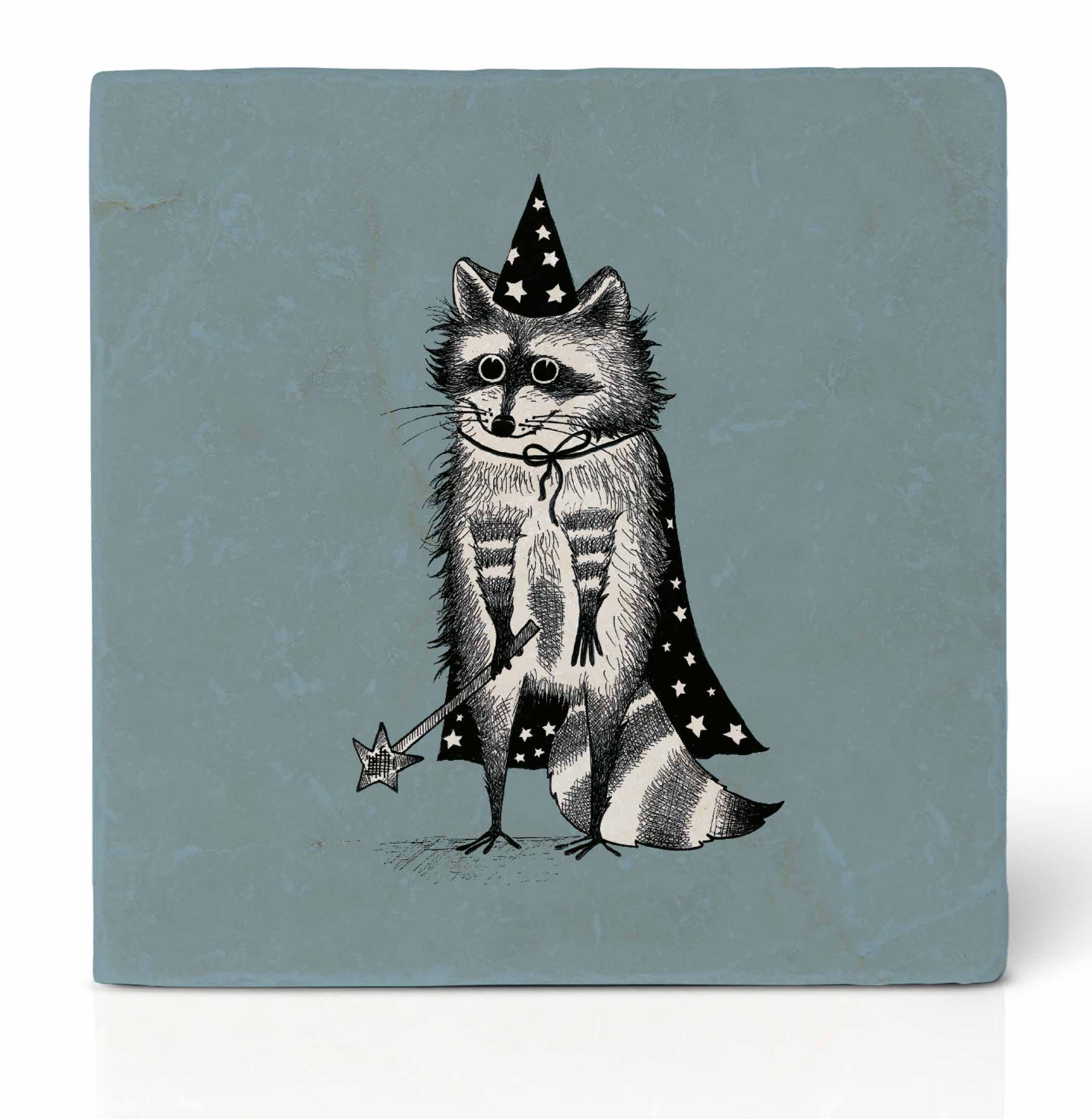 natural stone tile coaster raccoon wizard