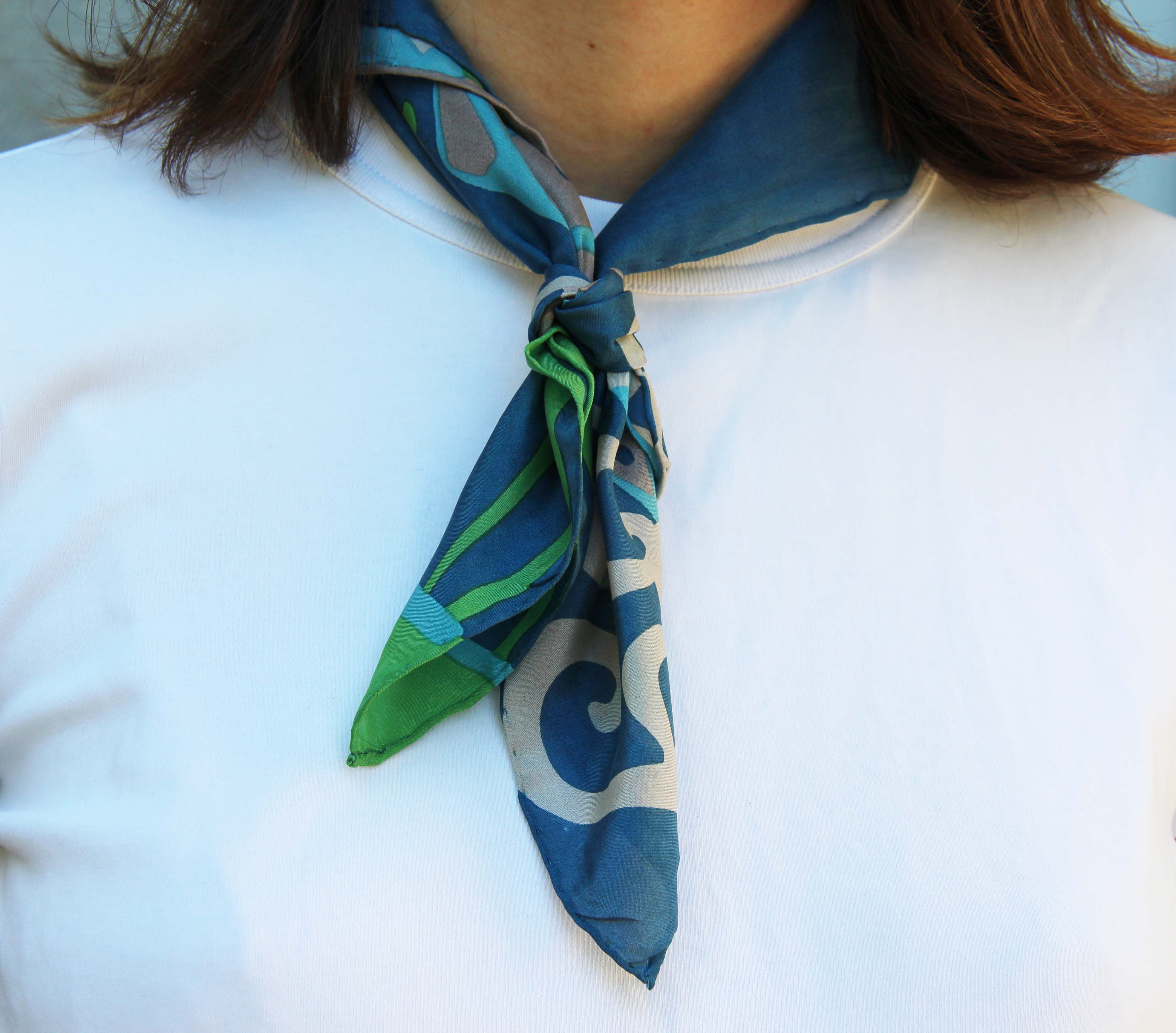 Les Belles Vagabondes Silk Scarves Mini Sakura Blue Around Neck