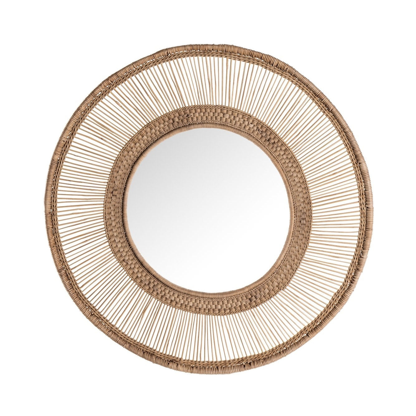 Round woven rattan wall mirror with a sunburst frame design