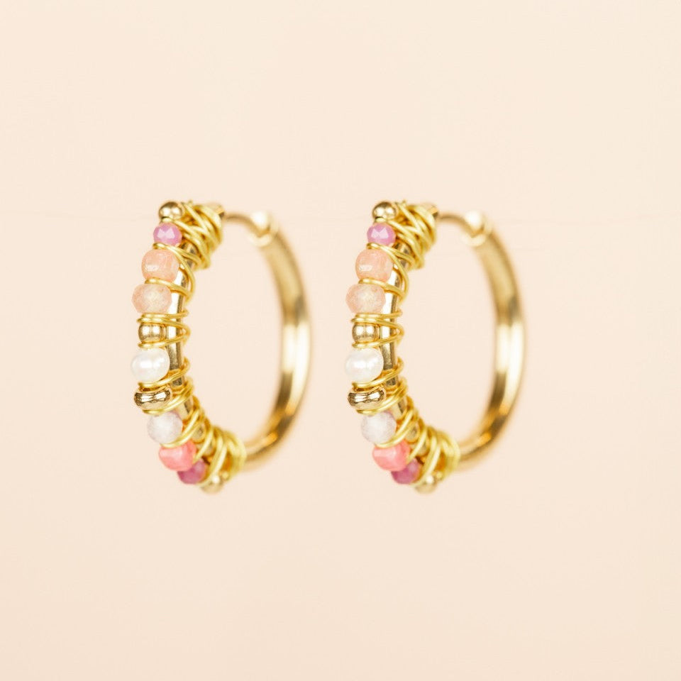 Gold hoop earrings with pink and white beads Muja Juma