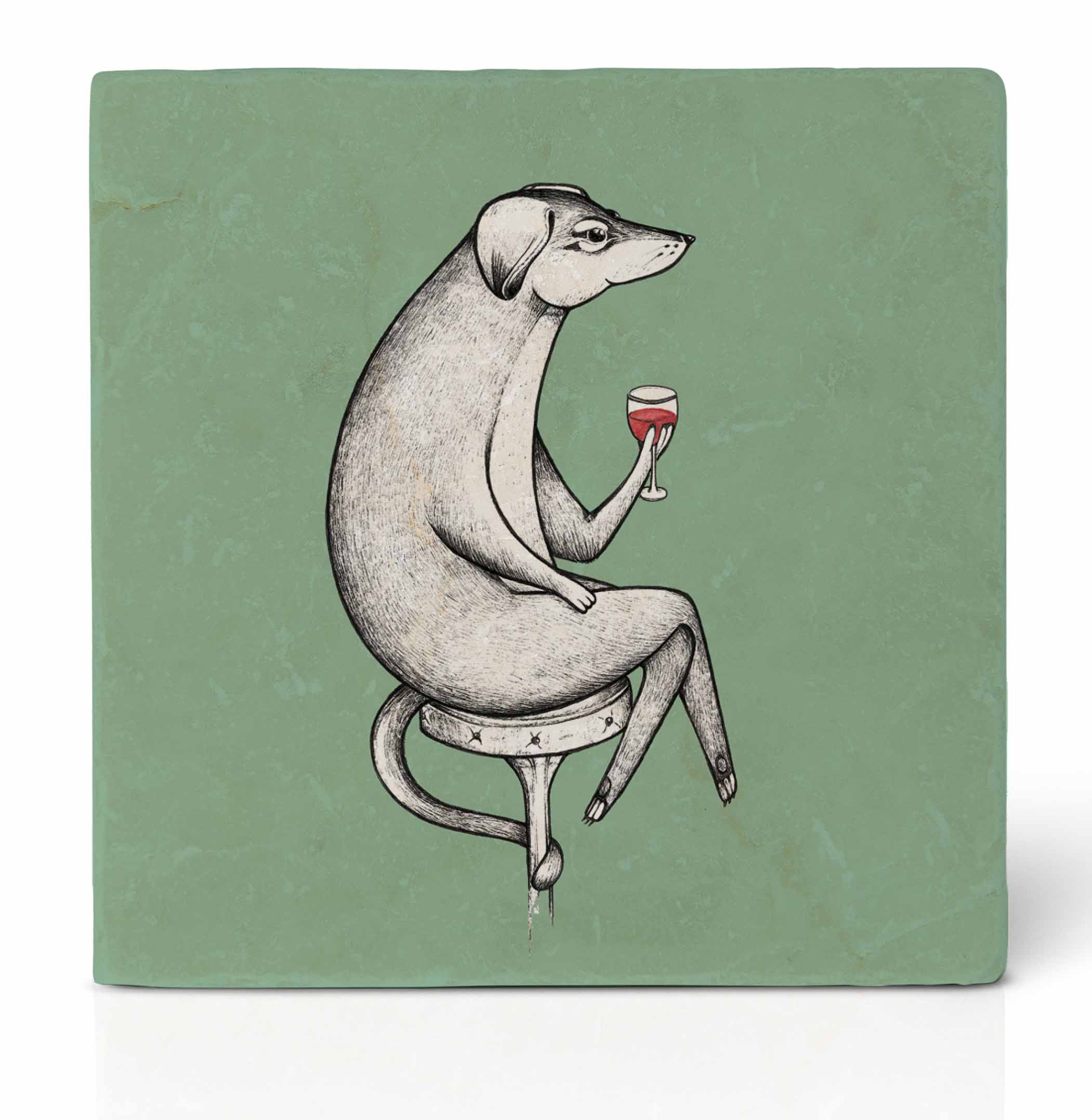 Illustration of a dog sitting on a stool with a glass of red wine on a green coaster