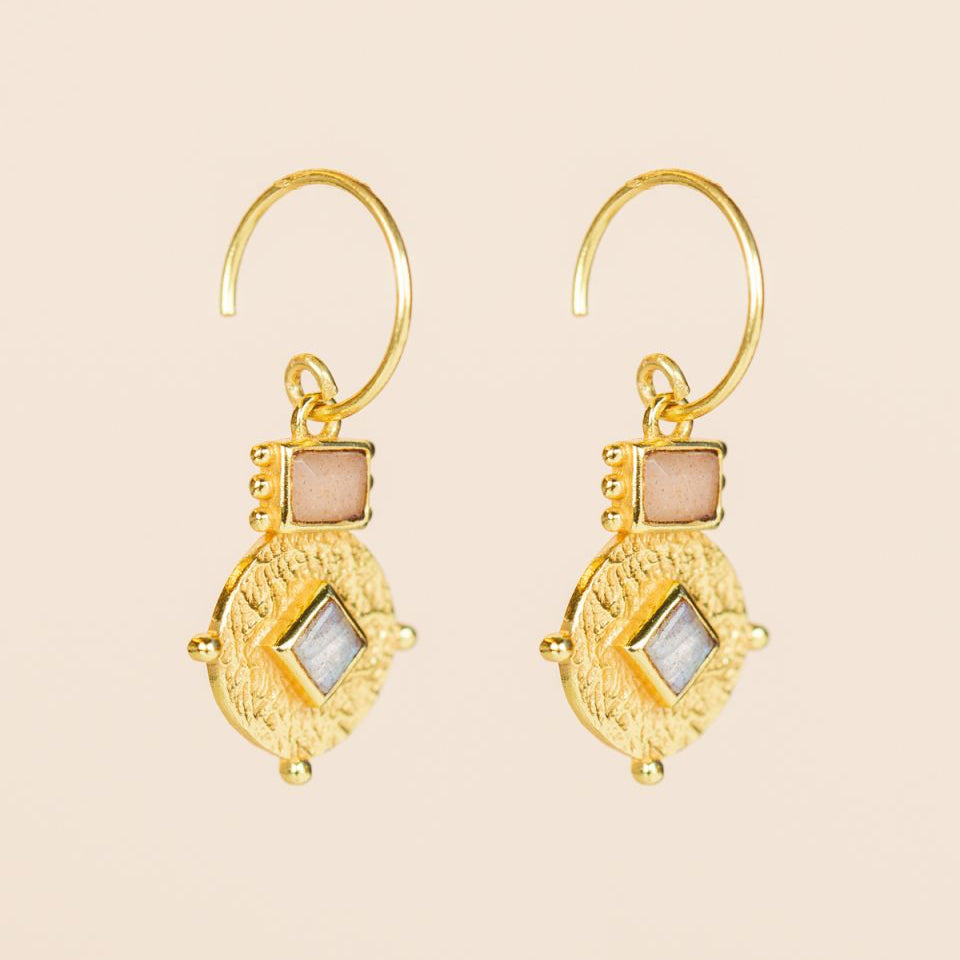 Gold earrings with labradorite gemstones and peach moonstone