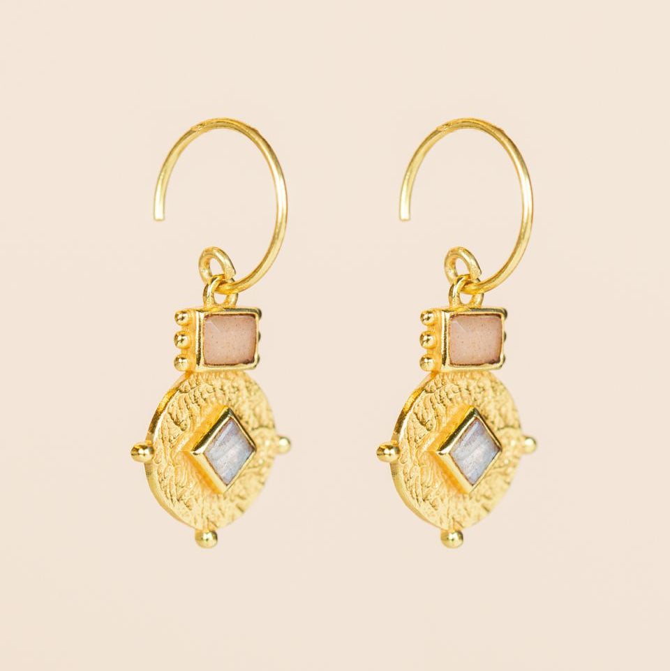 Gold earrings with labradorite gemstones and peach moonstone