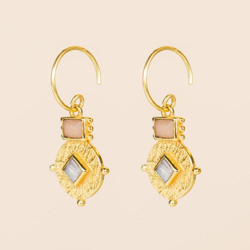 Gold earrings with gemstones grey pink labradorite