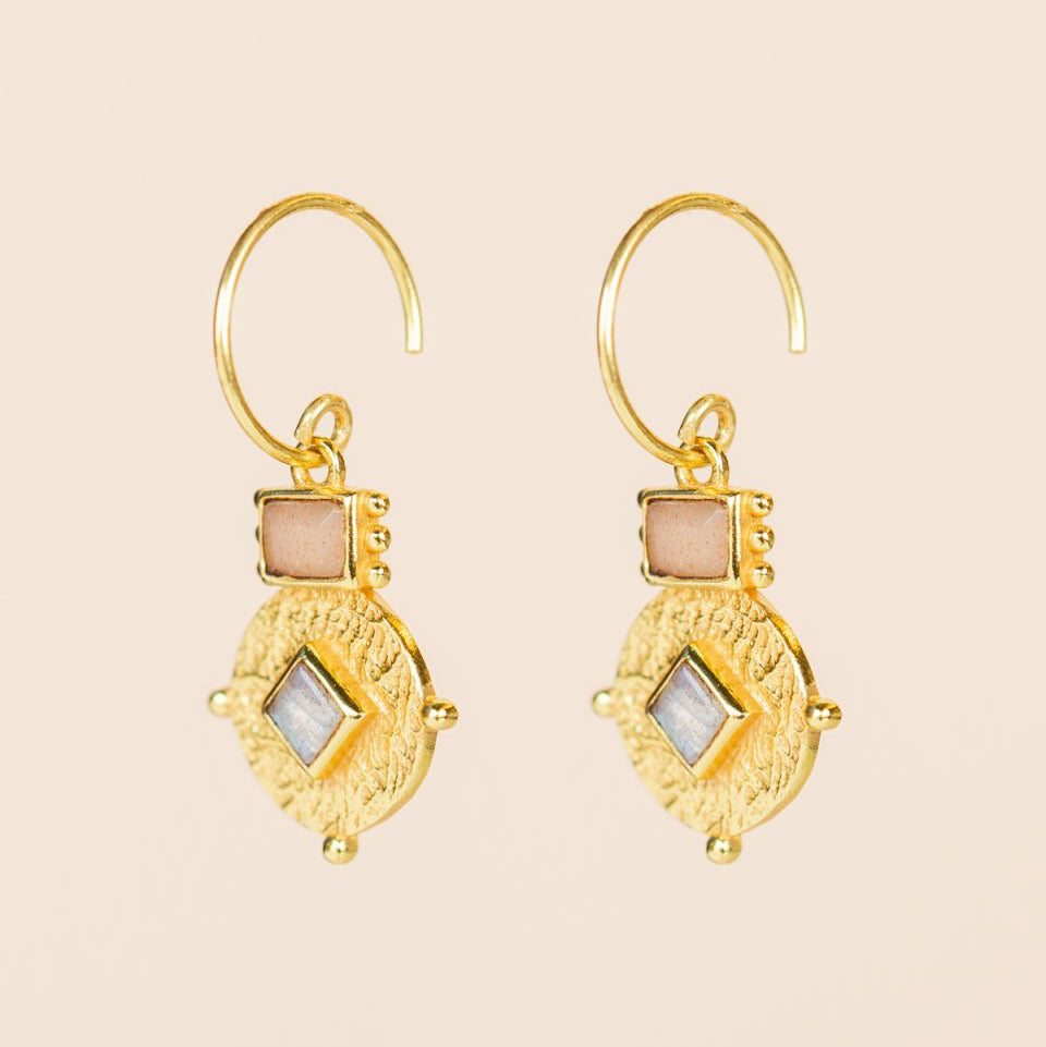 Gold earrings with gemstones grey pink labradorite