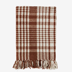 Brown and white plaid blanket with fringes recycled cotton