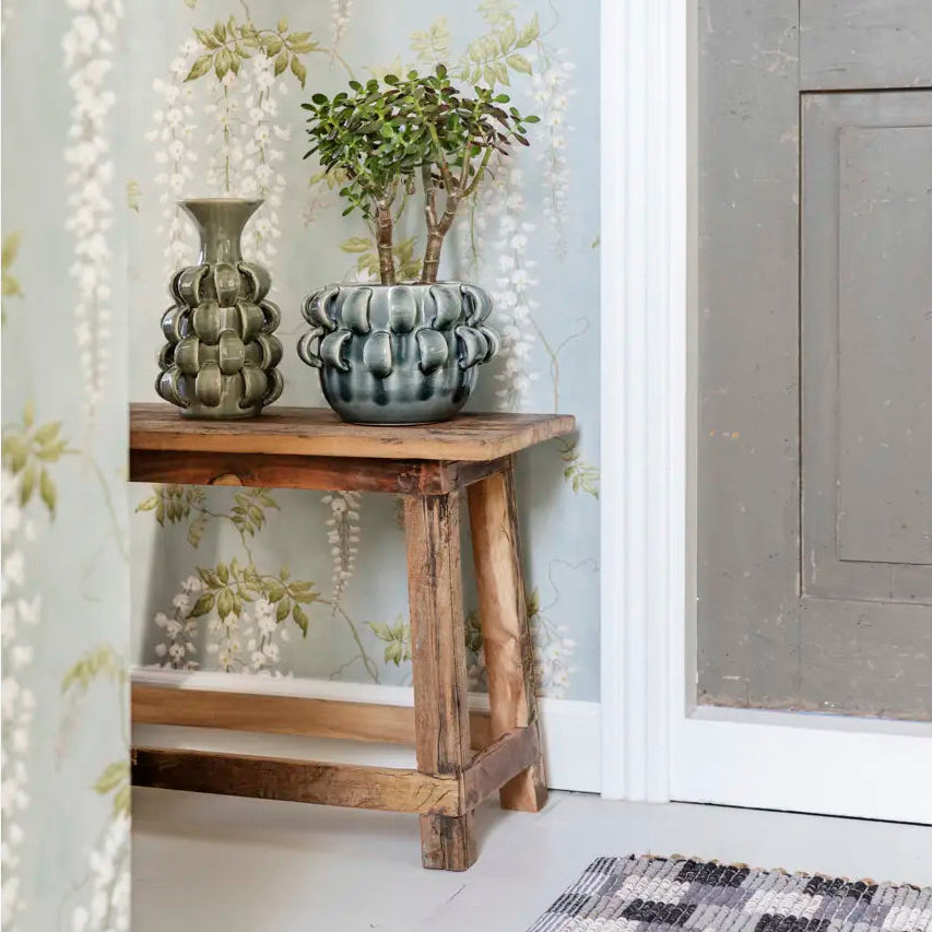 Madam Stoltz Recycled Wooden Bench Styled with Vases on Top