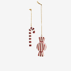 striped candy-themed Christmas ornaments hanging Madam Stoltz