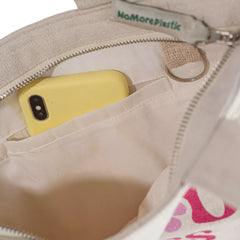 sustainable Tote Bag with zipper - NoMorePlastic -Good Vibes inside pocket