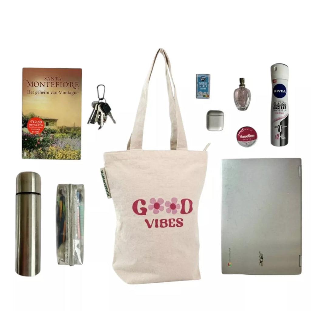 sustainable Tote Bag with zipper - NoMorePlastic -Good Vibes