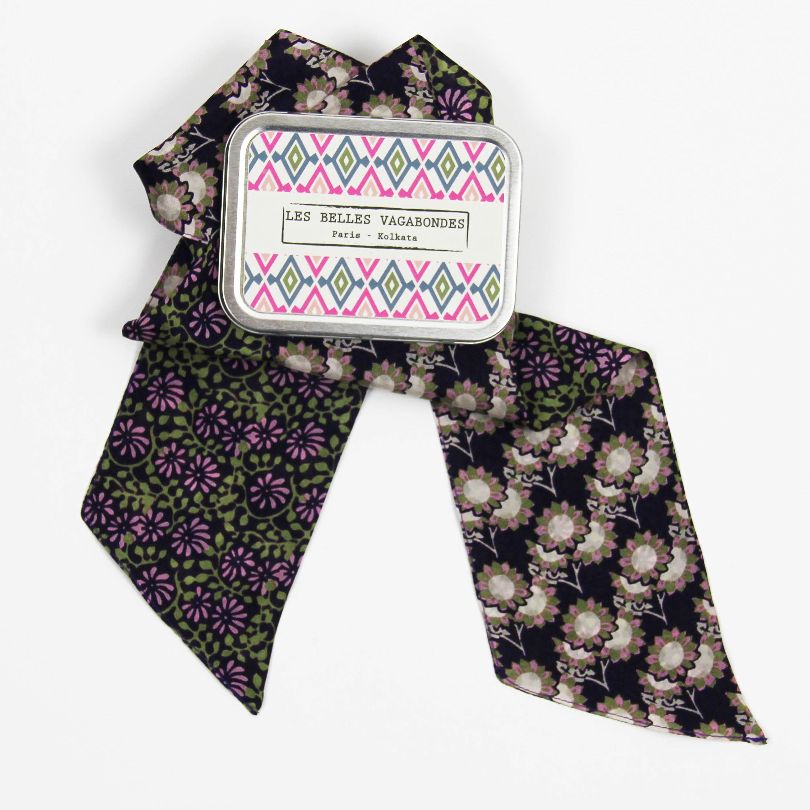 Les Belles Vagabondes Silk Twilly Flor Del Sol Plum Metal Gift Box