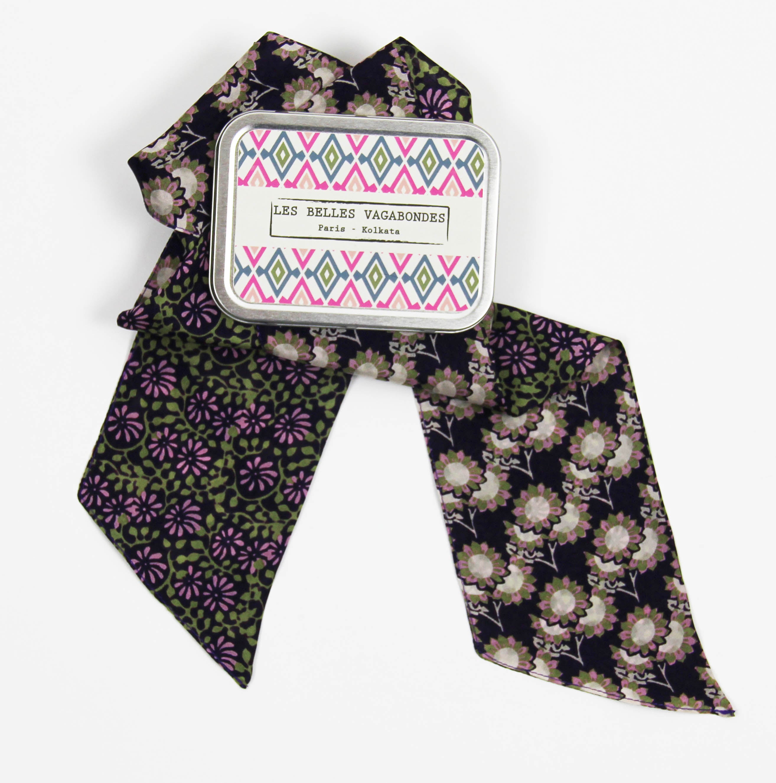 Les Belles Vagabondes Silk Twilly Flor Del Sol Plum Metal Gift Box