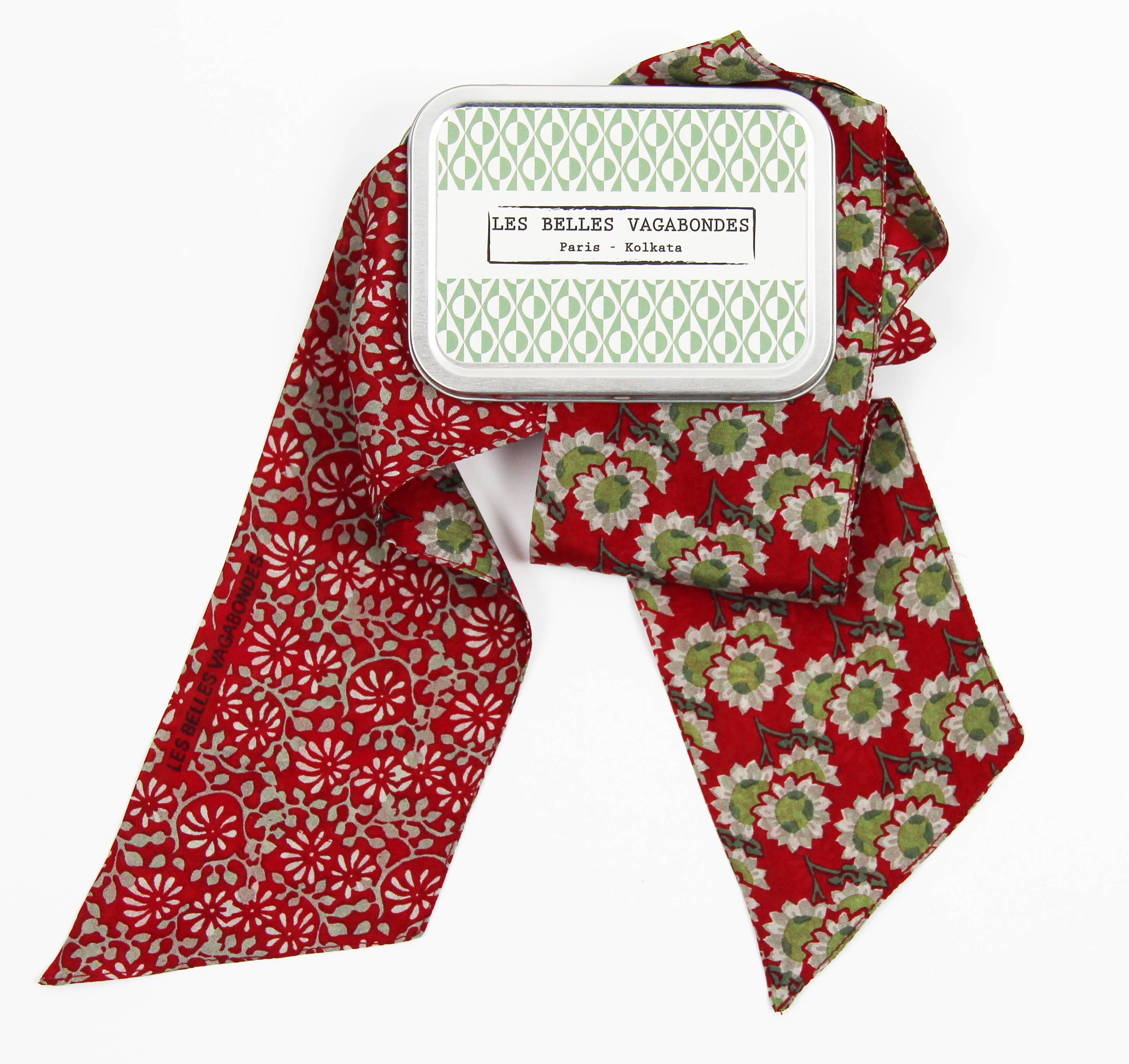 Les Belles Vagabondes Silk Twilly Flor Del Sol Red Metal Gift Box