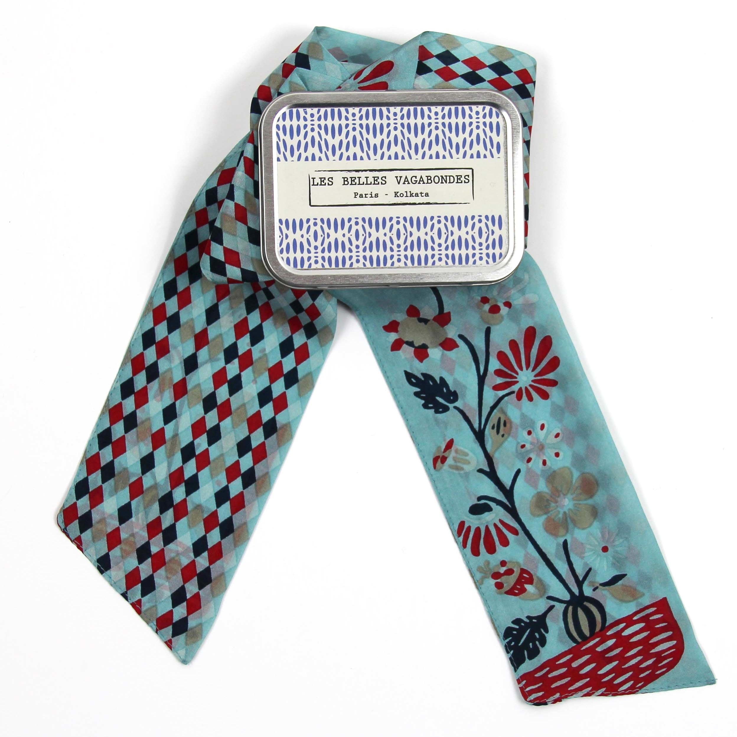 Les Belles Vagabondes Silk Twilly Scarlett Blue Metal Gift Box