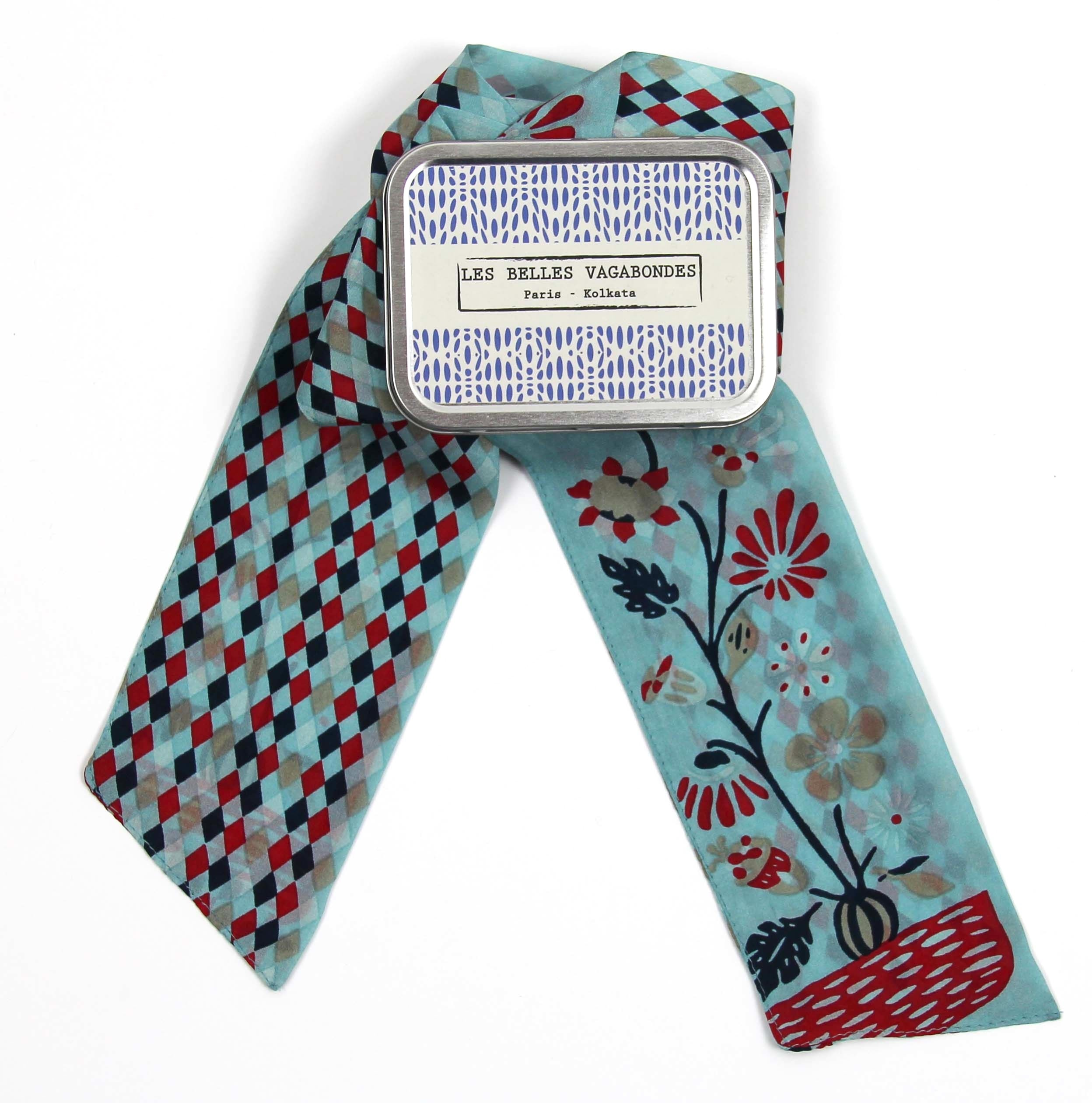 Les Belles Vagabondes Silk Twilly Scarlett Blue Metal Gift Box