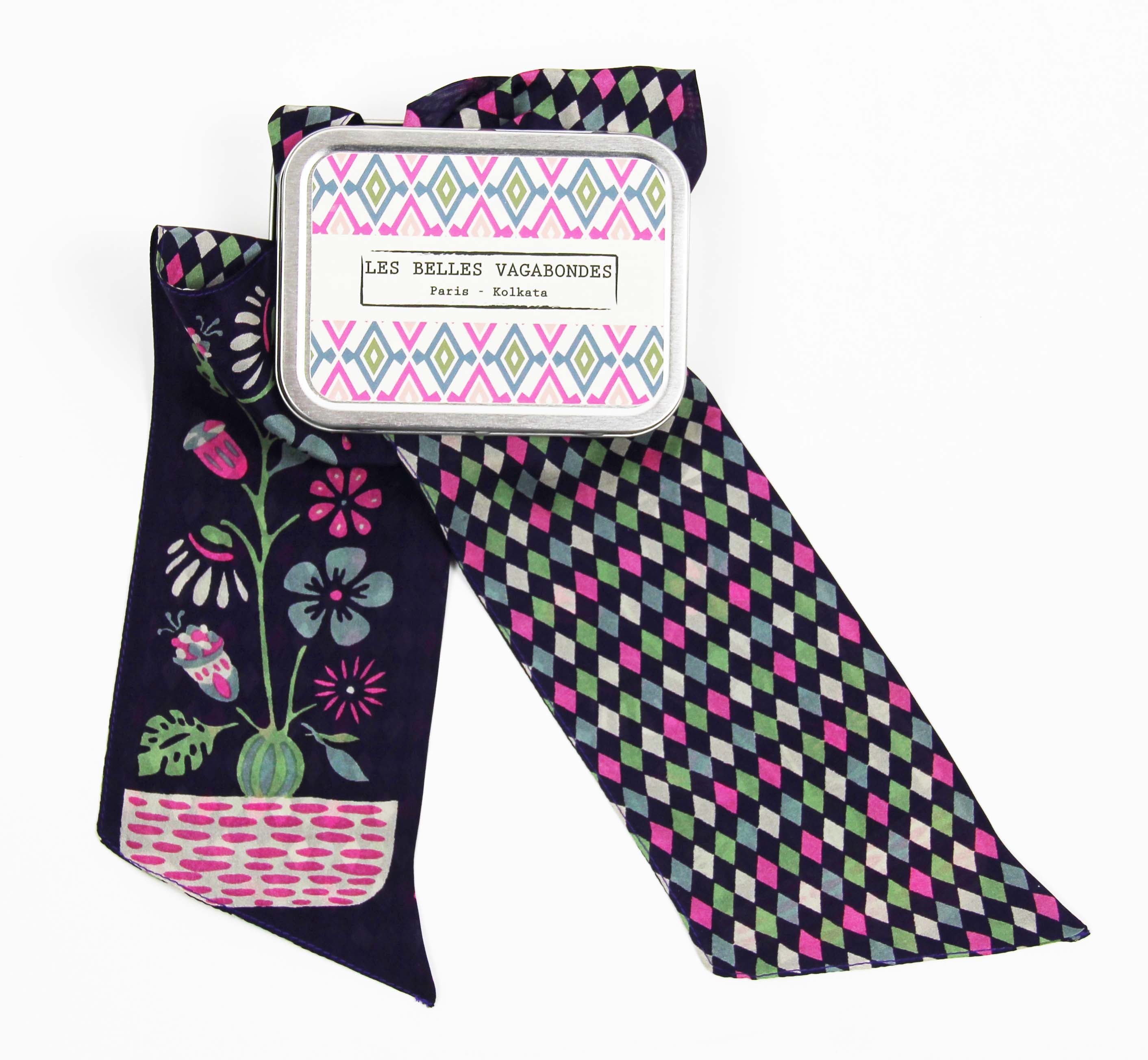 Les Belles Vagabondes Silk Twilly Scarlett Plum Metal Gift Box