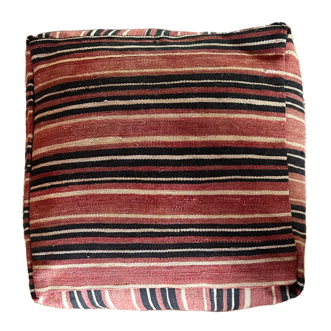 vintage Kelim Pouf mit dunklen Streifen 60 cm quadratisch