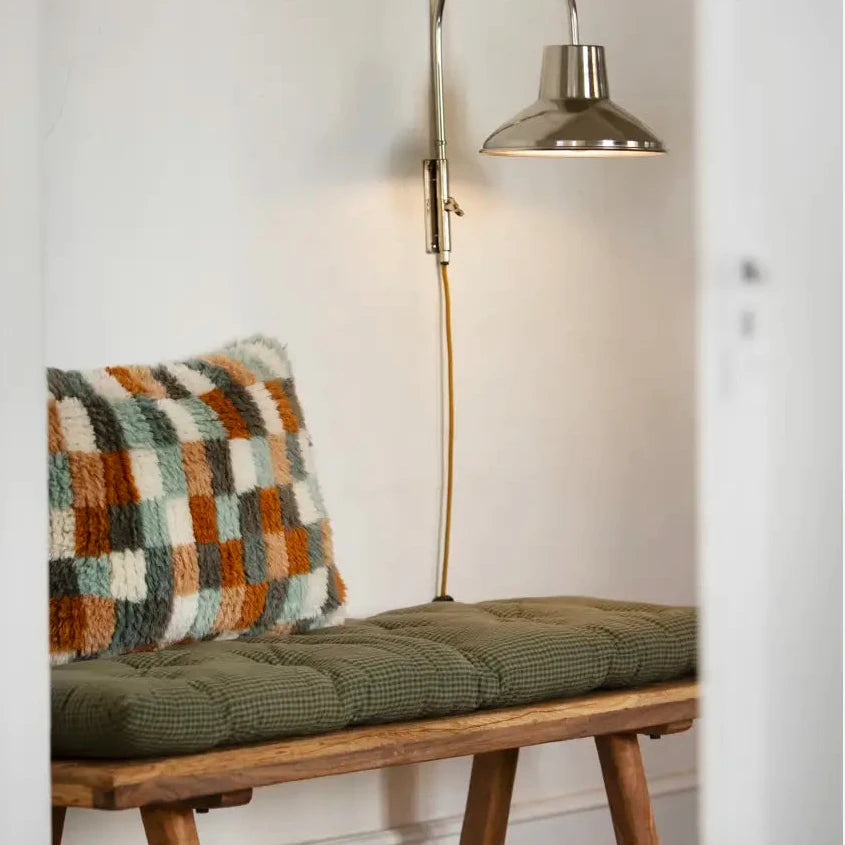 Wooden bench with a cushion and checkered pillow Madam Stoltz