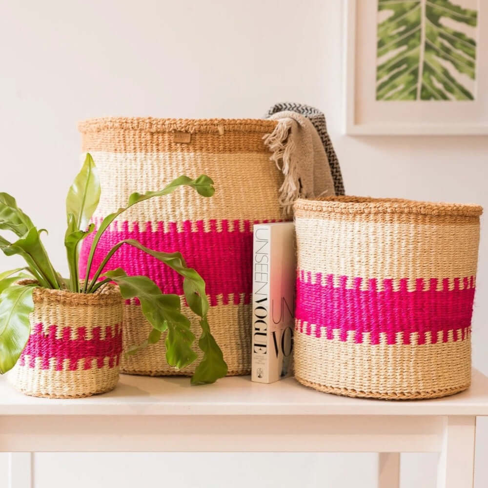 Kuzuia fluoro pink natural woven storage basket striped The Basket Room