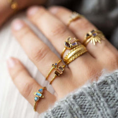 Semi precious stones ring gold plated Muja Juma moonstone quartz labradorite fairtrade handmade jewellery rings gem