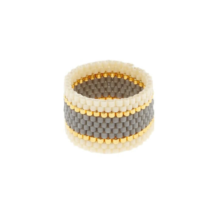 Sidai Designs wide woven ring grey beads Maasai handgeweven kralen ring fairtrade