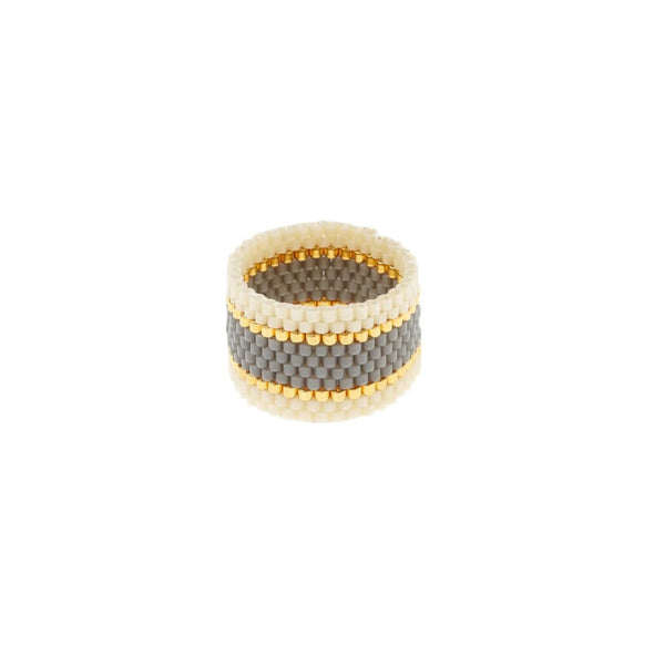 Sidai Designs wide woven ring grey beads Maasai handgeweven kralen ring fairtrade