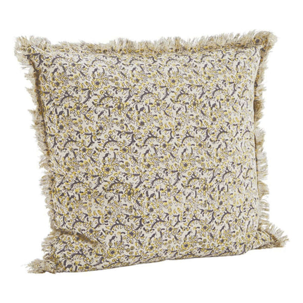 Madam Stoltz printed cushion cover fringes 50x50 ecru olive light colours