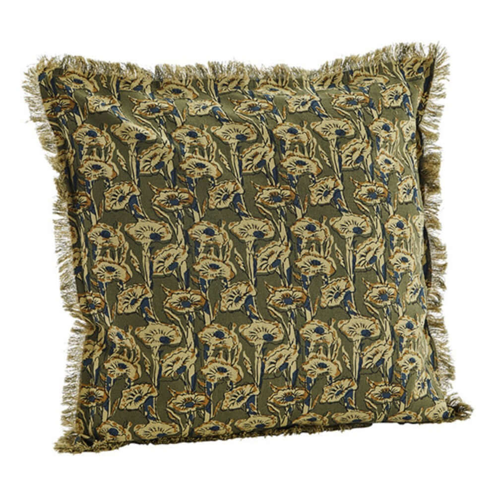 Madam Stoltz cushion cover fringes olive ecru blue mustard 50x50 cm