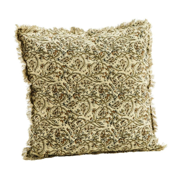 Madam Stoltz cushion cover fringes sand olive mustard black 50x50 cm