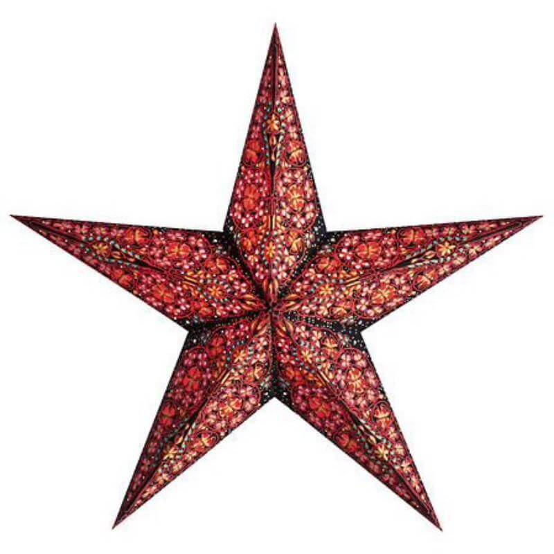 A multicolored paper star lantern with a geometric star shape and intricate patterns.
