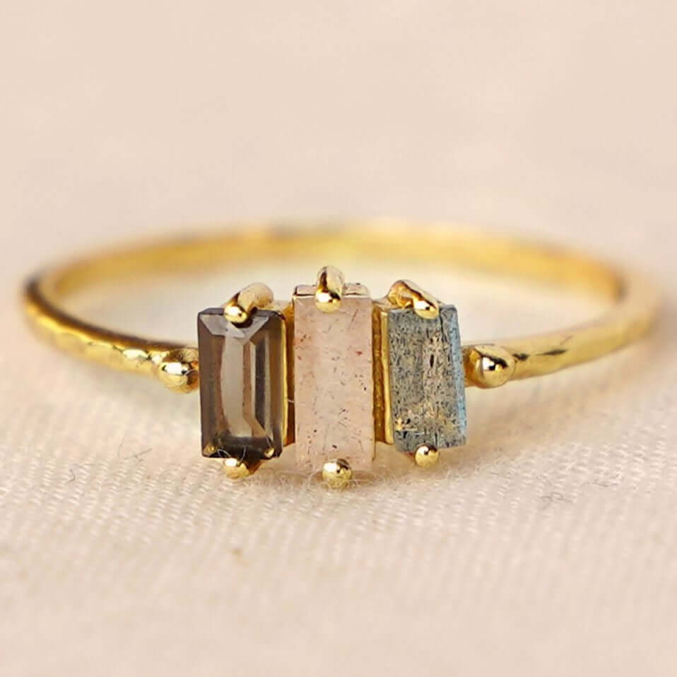 Muja Juma ring labradorite peach moonstone smokey quartz fairtrade handmade rings gems